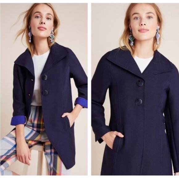 Anthropologie Navy Blue Wellesley Pleated Peacoat Size M - Picture 1 of 10